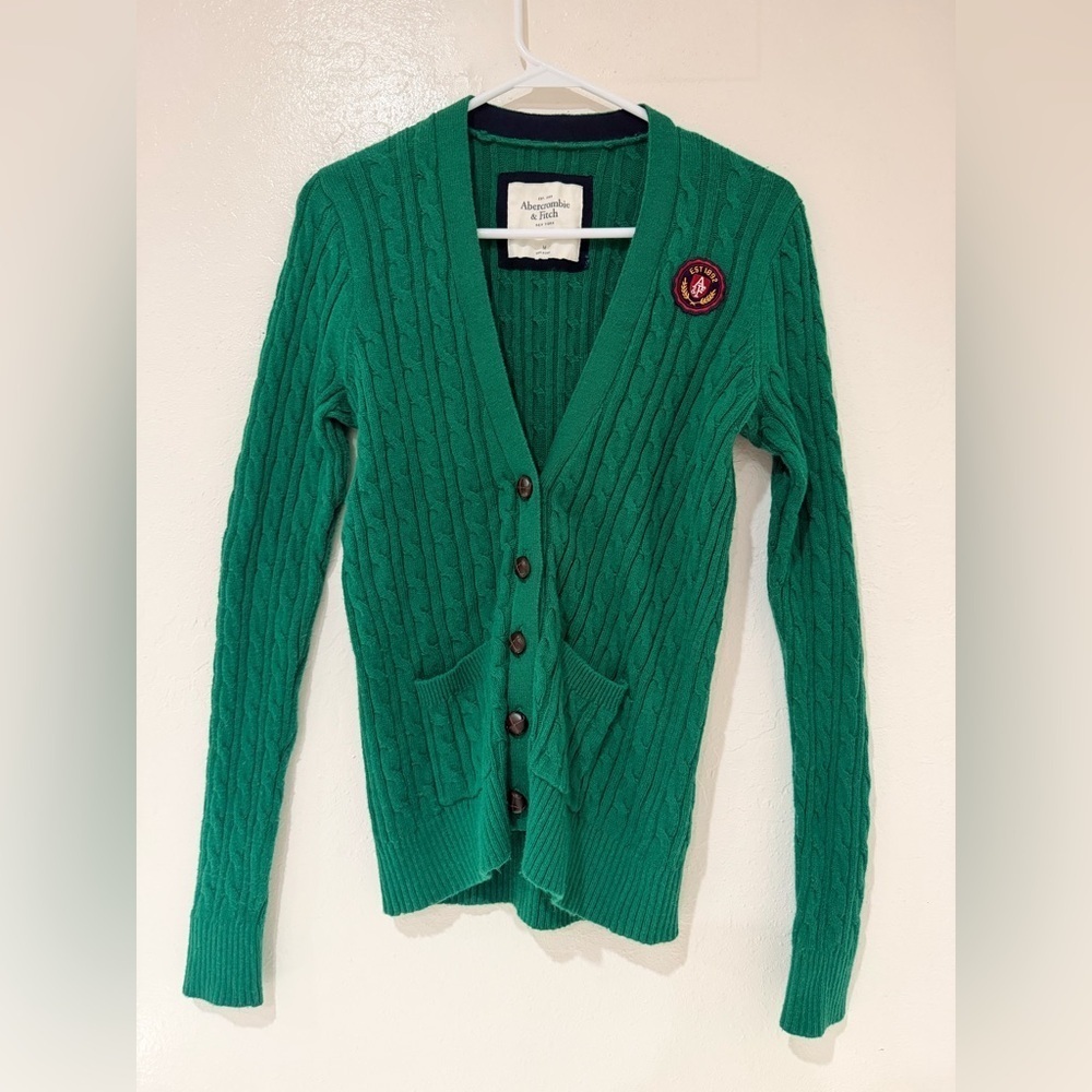 Abercrombie & Fitch Green Cable Knit Button Up Cardigan Sweater size M